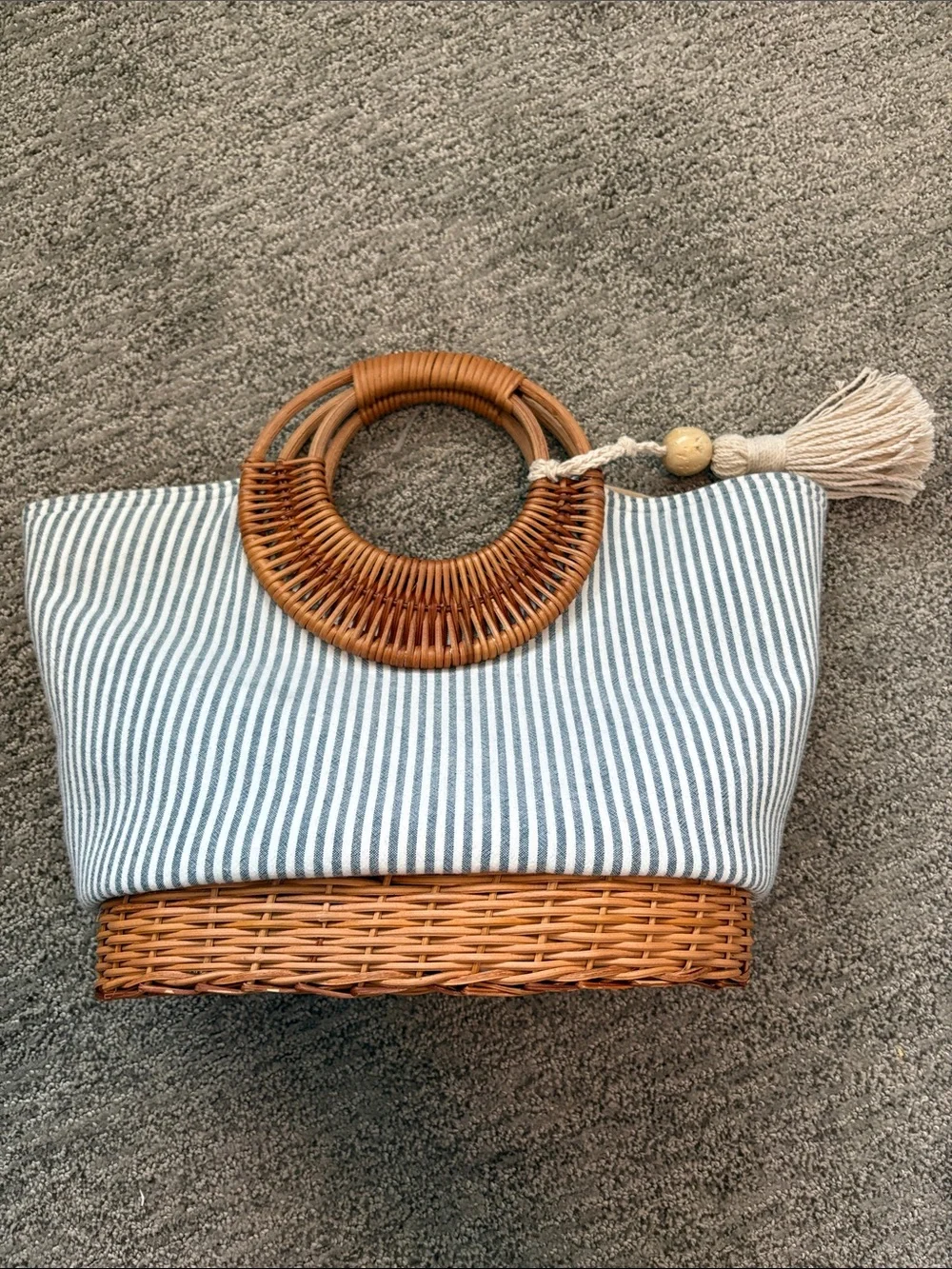Straw Studios, Striped Canvas and Rattan Tote Bag with Tassel - Blue/White - Picture 1 of 9